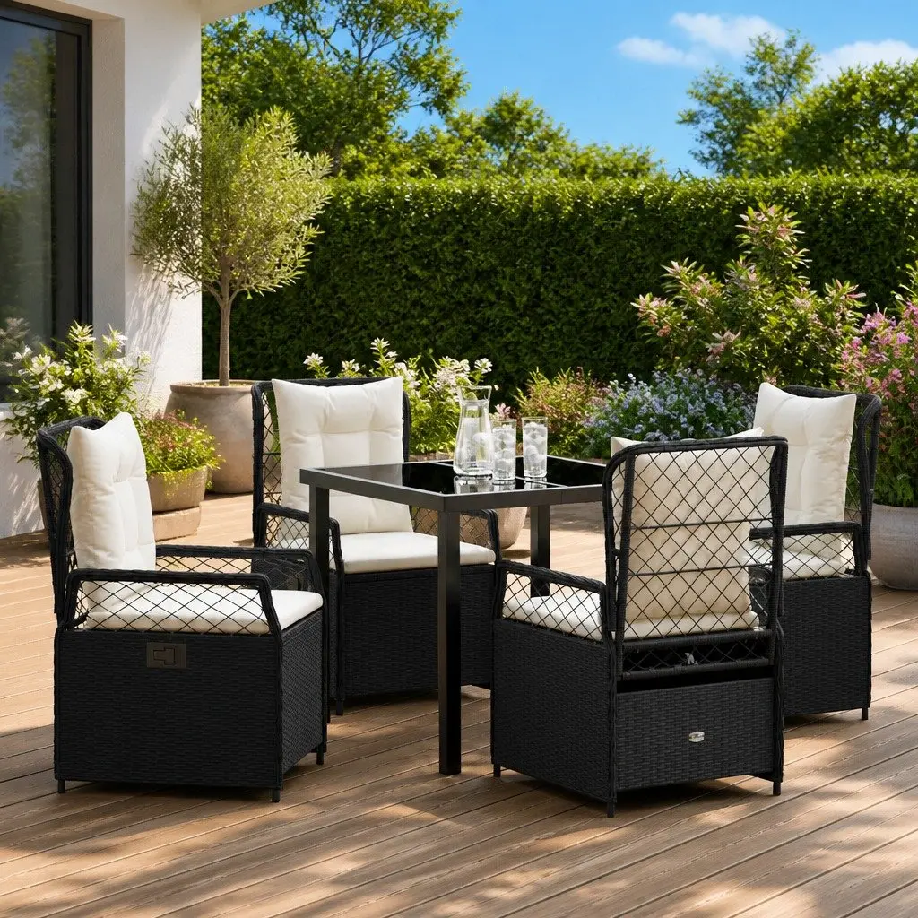 Garden Dining Set Black 5 Pieces Poly Rattan Outdoor Furniture Table Chairs
