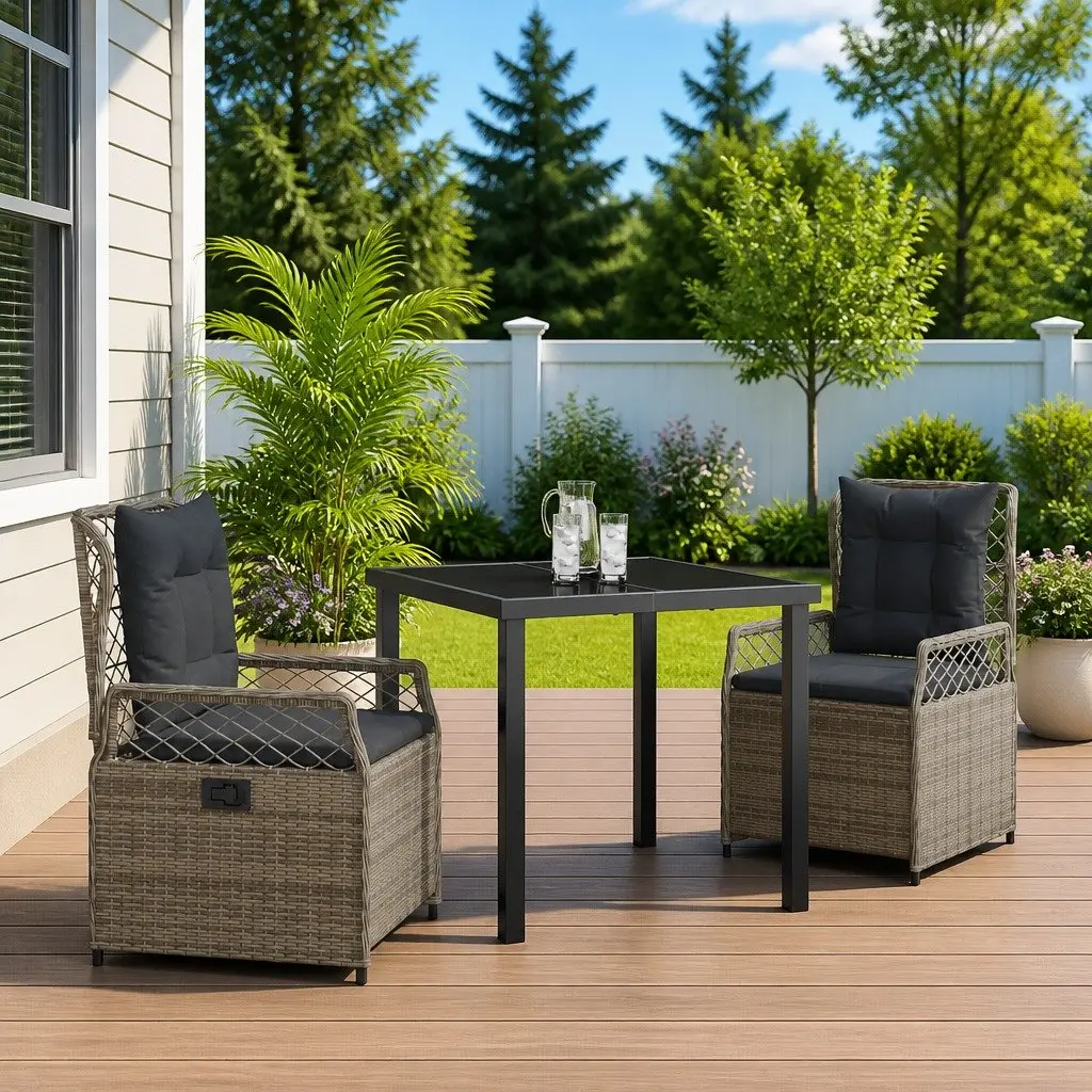 Garden Dining Set 3 Piece Grey Poly Rattan Outdoor Furniture Table Chairs
