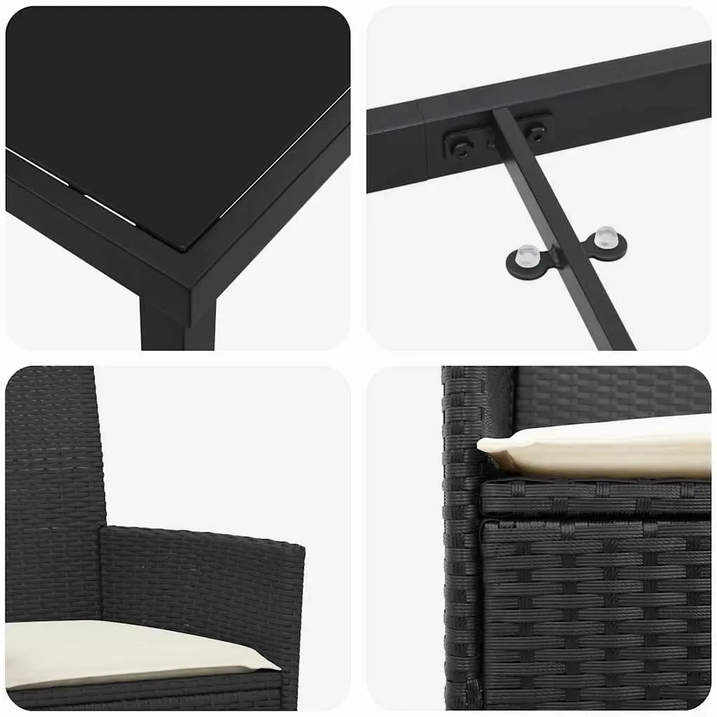 Garden Dining Set 3 Pieces Black Outdoor Furniture Table Chairs Rattan Steel