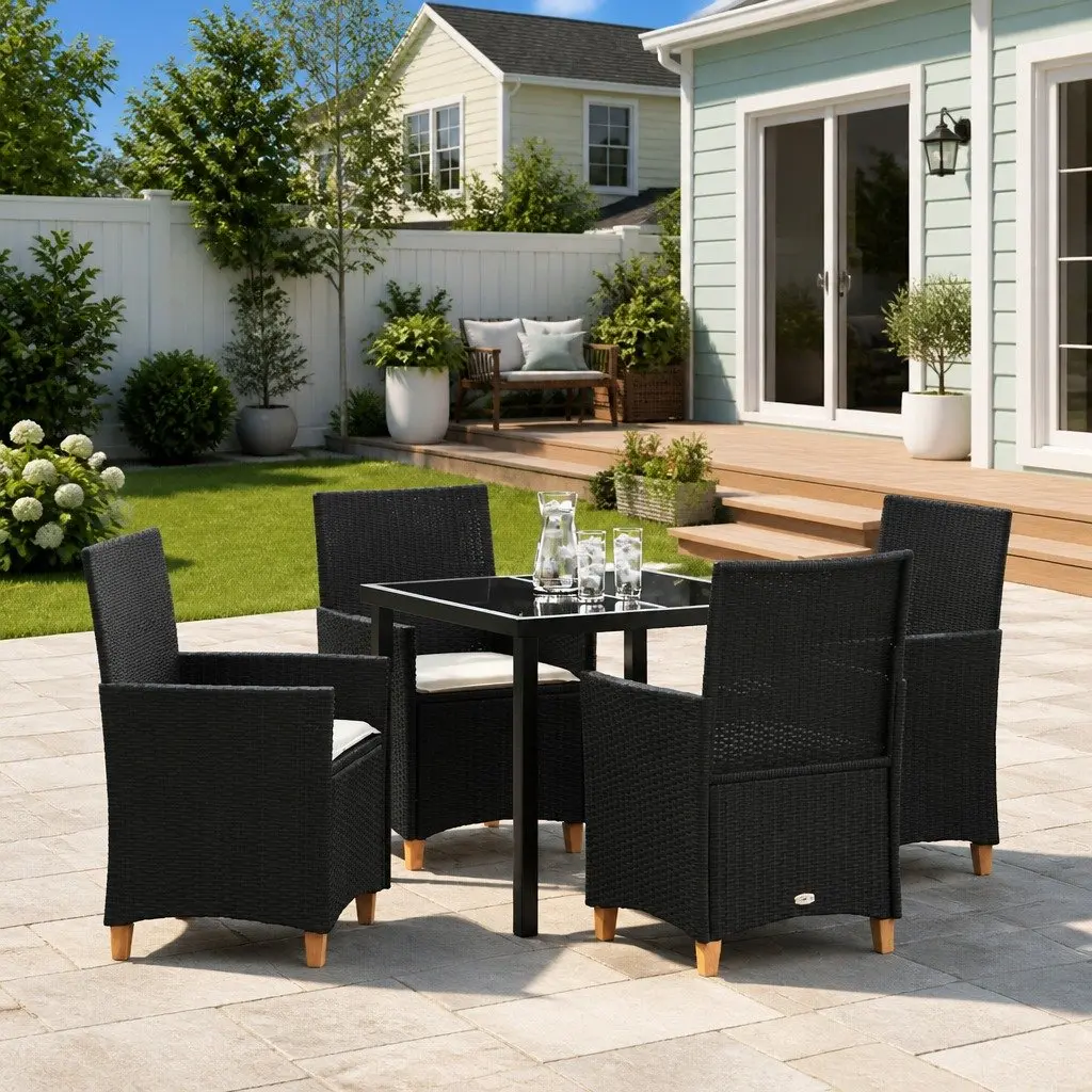 Garden Dining Set 5 Piece Outdoor Furniture Black Poly Rattan Patio Table Chairs