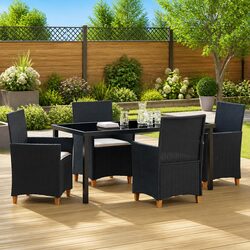 Outdoor Garden Dining Set 5 Pieces Black Poly Rattan Steel Frame Glass Top