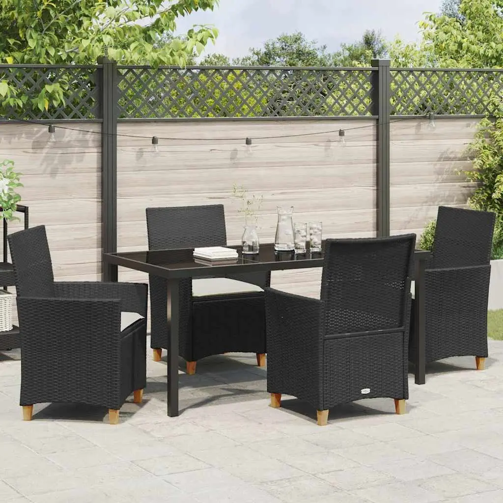 Outdoor Garden Dining Set 5 Pieces Black Poly Rattan Steel Frame Glass Top