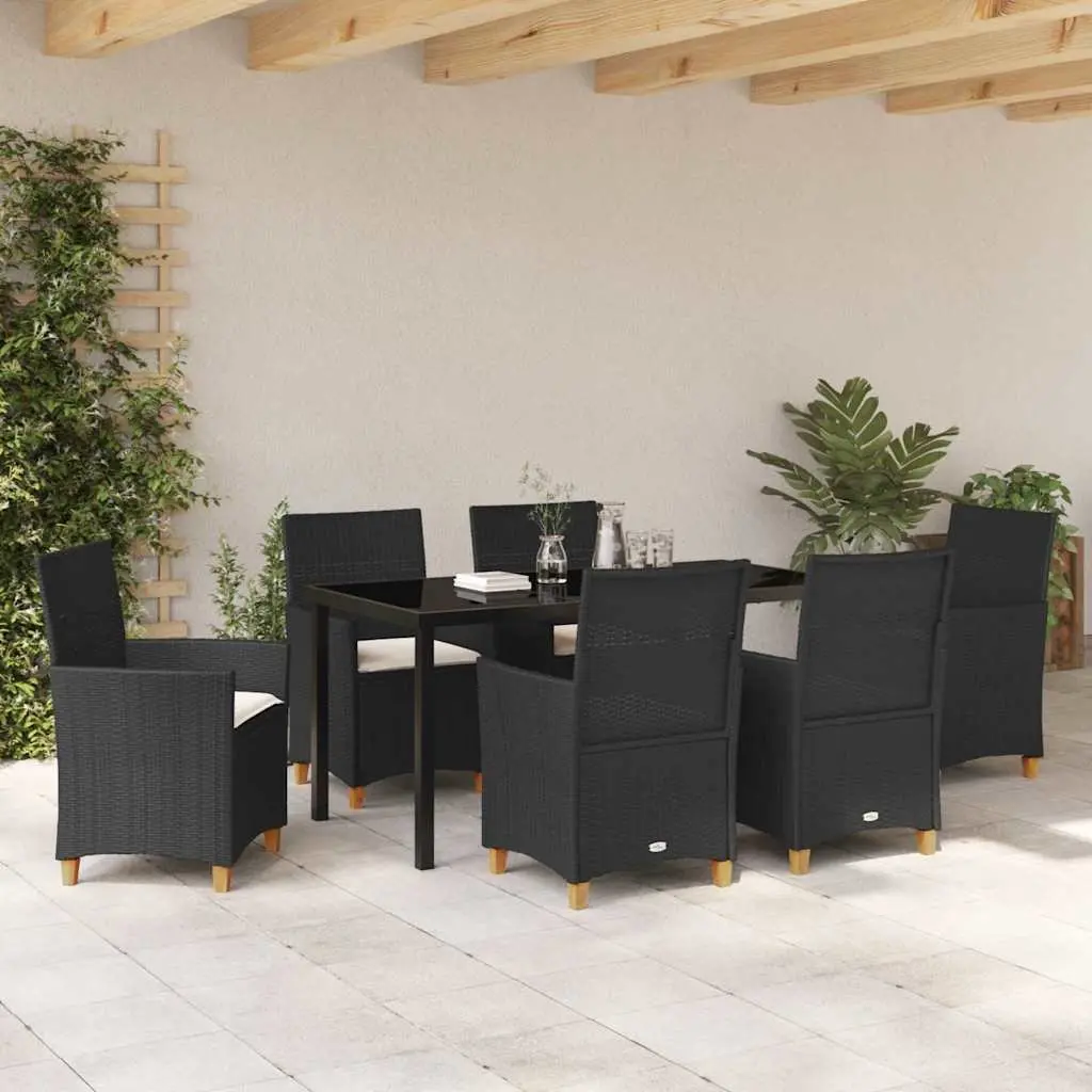 Garden Dining Set 7 Pieces Black Outdoor Furniture Poly Rattan Steel Glass Top