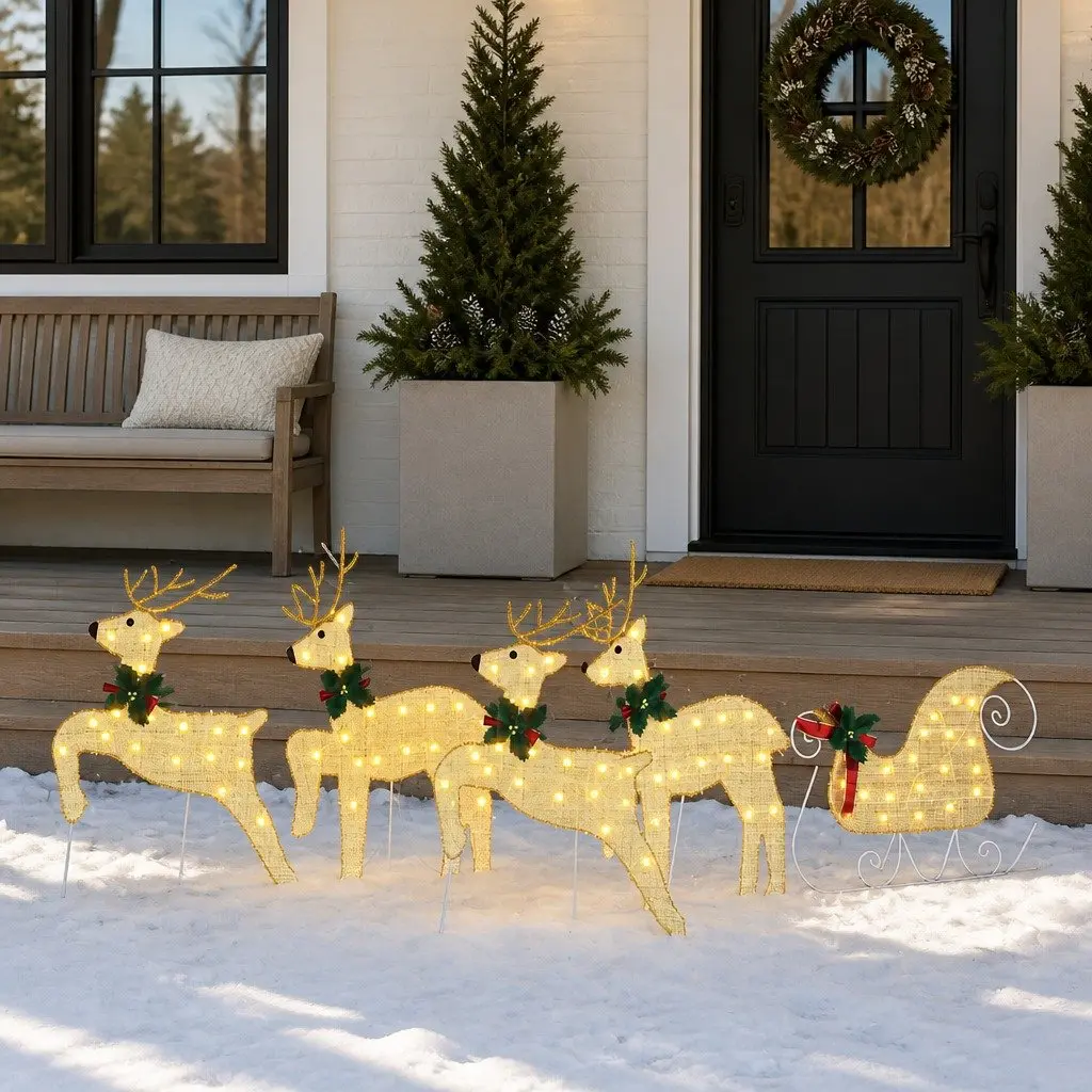 LED Reindeers 5 pcs Gold Fabric Christmas Holiday Home Garden Decoration Lights
