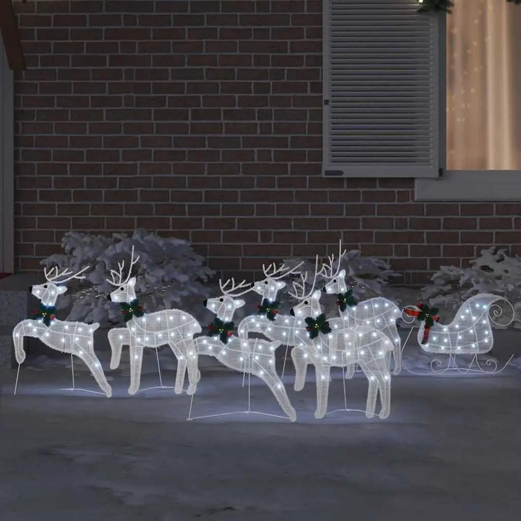 LED Reindeer Decorations White Fabric 7 Piece Art Deco Style Christmas Holiday