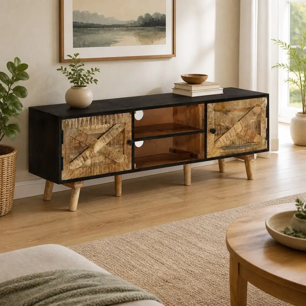 TV Cabinet Brown 140x30x46 cm Rough Mango Wood Acacia Living Room Bedroom Storage