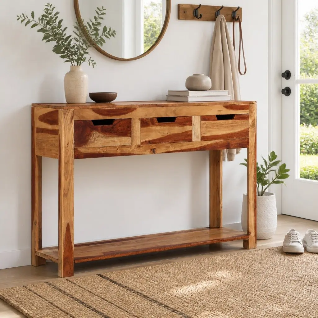 Wooden Console Table Brown 110x35x75 cm Solid Acacia 3 Drawer