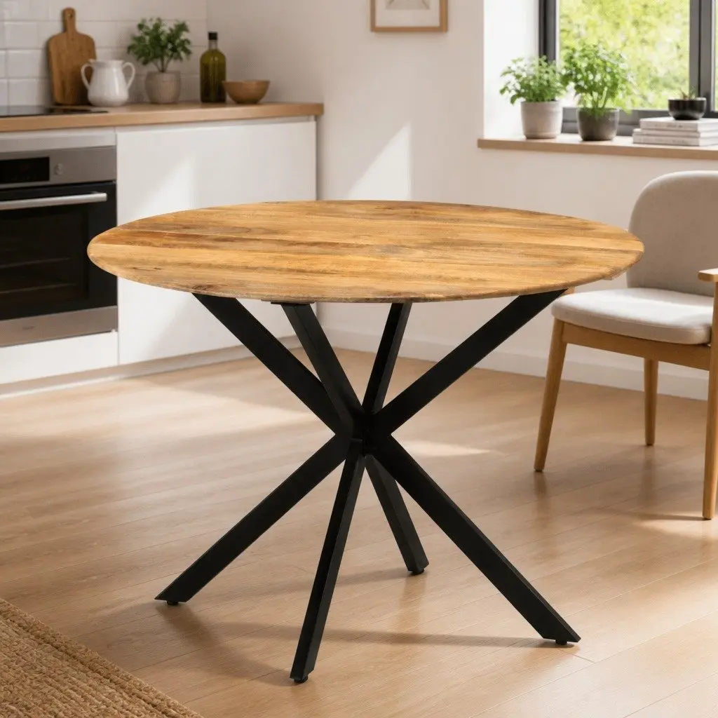 Dining Table Brown 110cm Solid Wood Mango Steel Frame