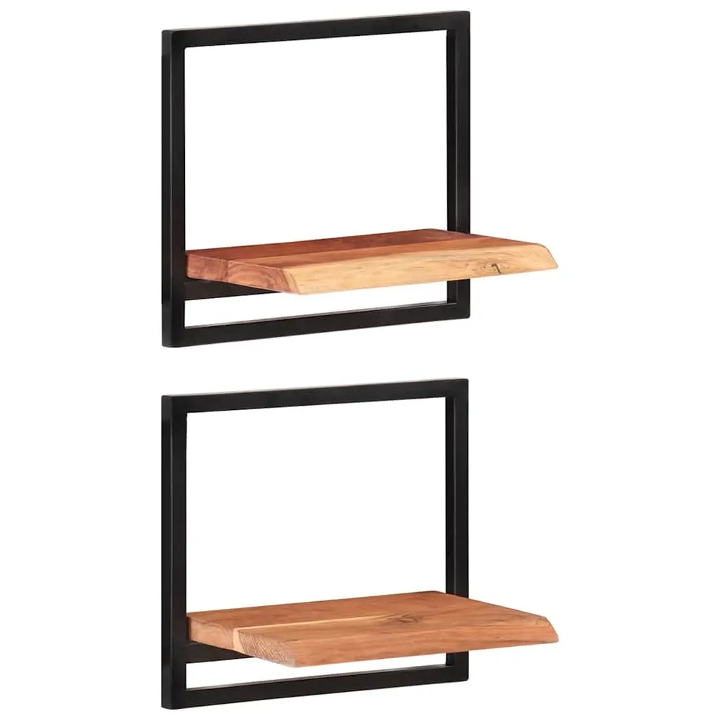 Wall Shelves Brown Solid Wood Acacia Steel Frame Floating Display Shelving 2 Piece