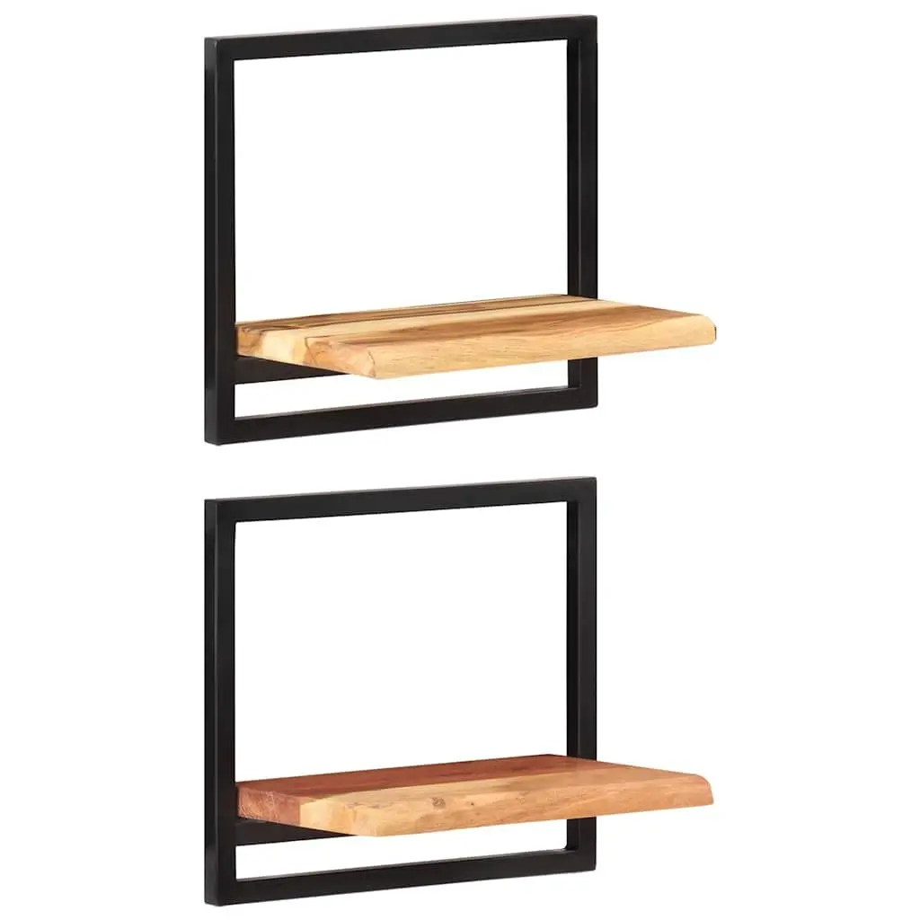 Wall Shelves Brown Solid Wood Acacia Steel Frame Floating Display Shelving 2 Piece