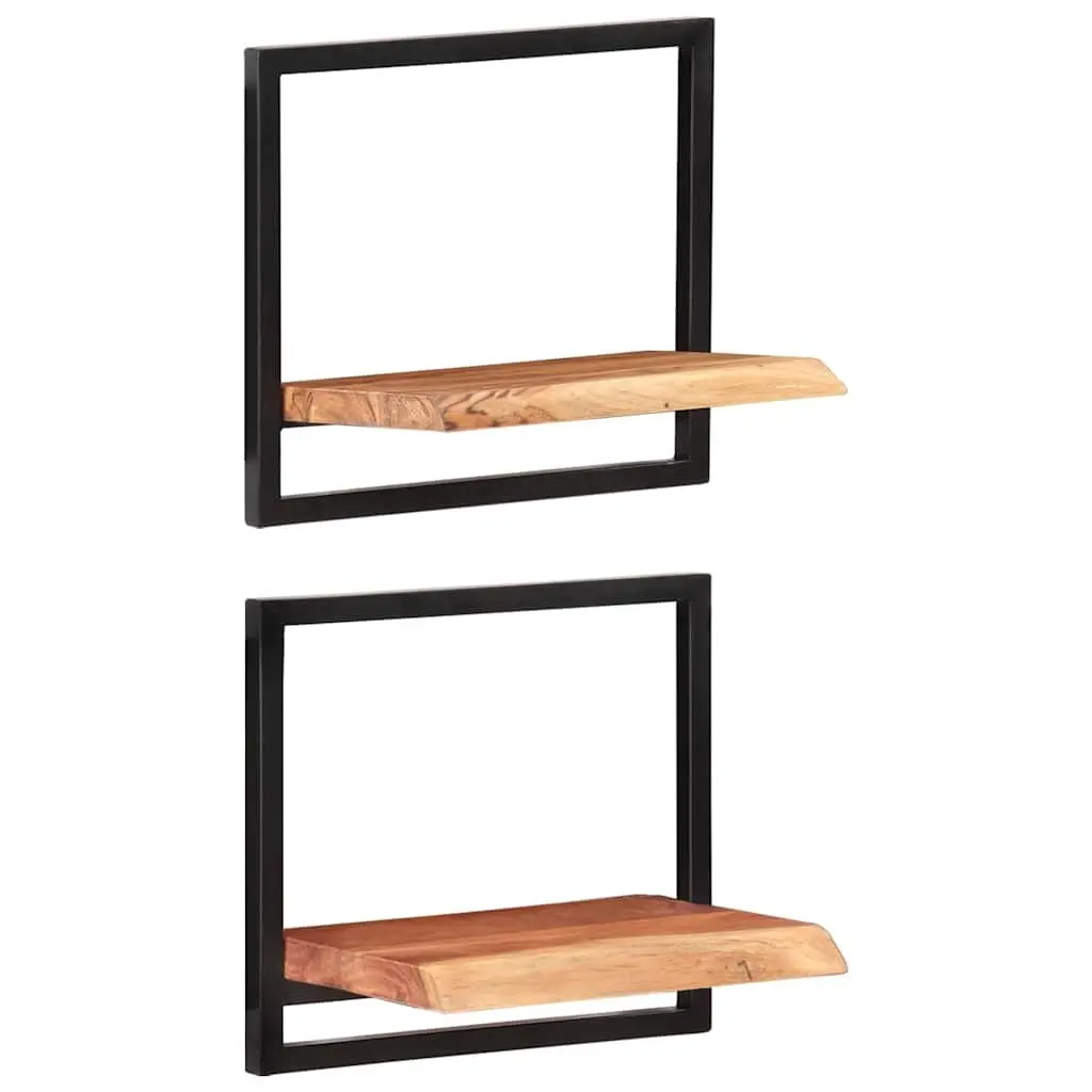Wall Shelves Brown Solid Wood Acacia Steel Frame Floating Display Shelving 2 Piece