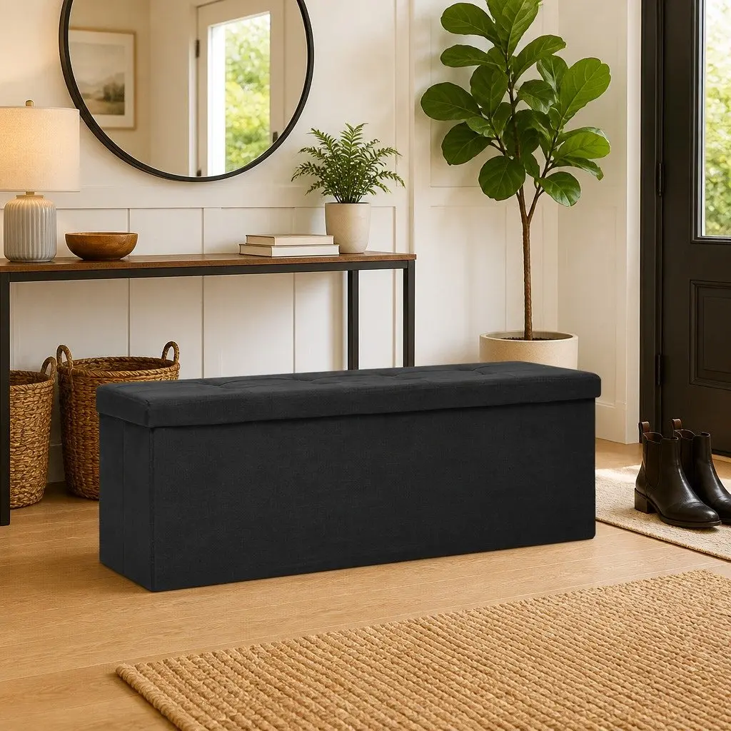 Folding Storage Bench Black Faux Linen Seat Box Container Ottoman Space Saving