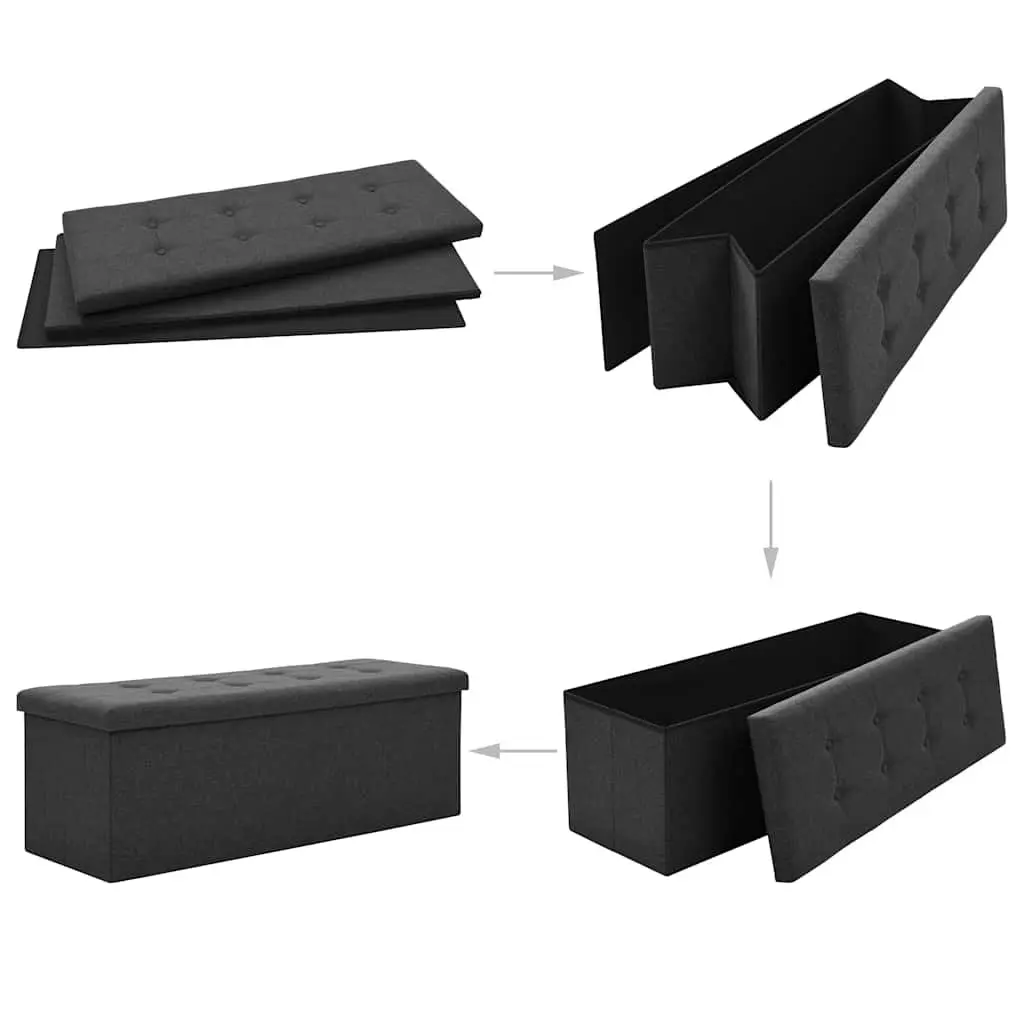 Folding Storage Bench Black Faux Linen Seat Box Container Ottoman Space Saving