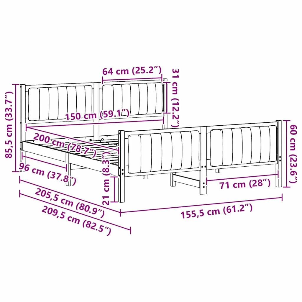 Solid Pine Wood Platform Bed Frame 150x200cm Brown Dark Grey Headboard Footboard