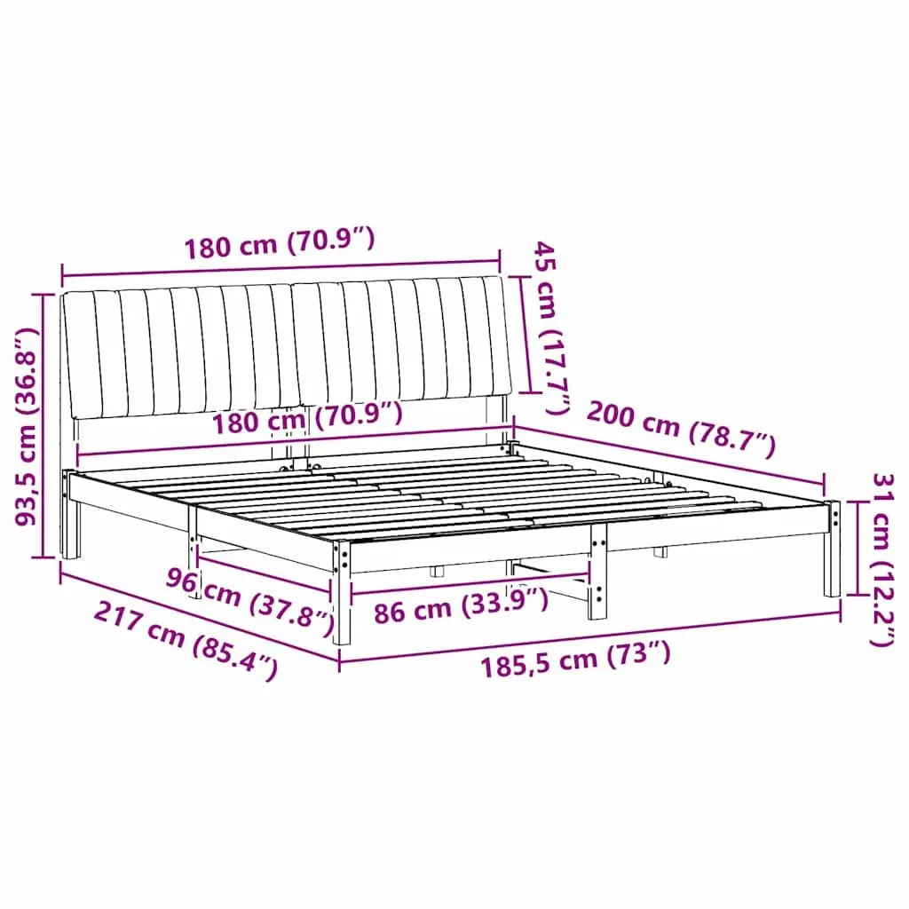 Bed Frame Brown 180 x 200 cm Solid Pine Wood Platform Slatted Upholstered Headboard