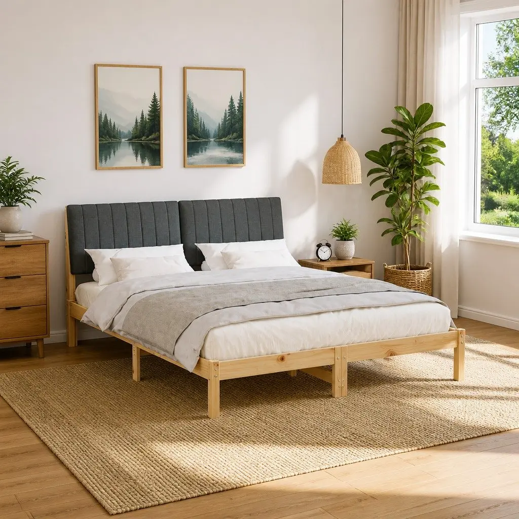 Bed Frame with Upholstered Headboard Brown 150 x 200 cm Solid Pine Wood Platform