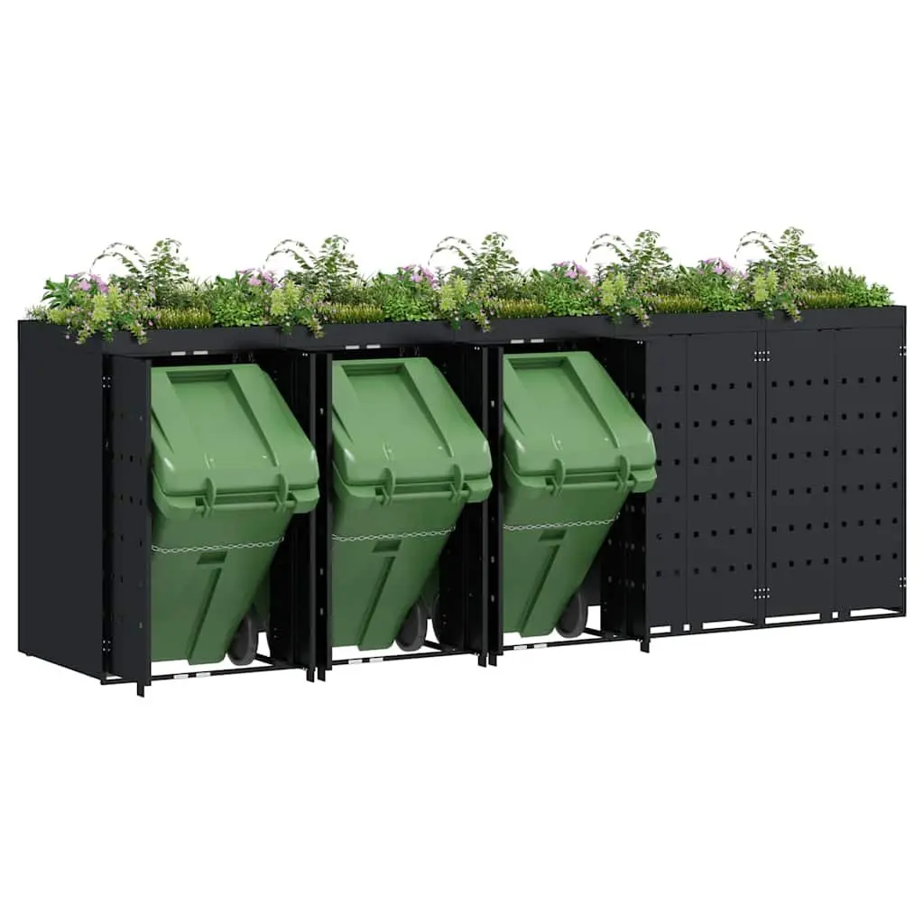 Wheelie Bin Storage Black 340 x 77.5 x 121.5 cm Outdoor Durable Powder-coated Steel with Planter Roof