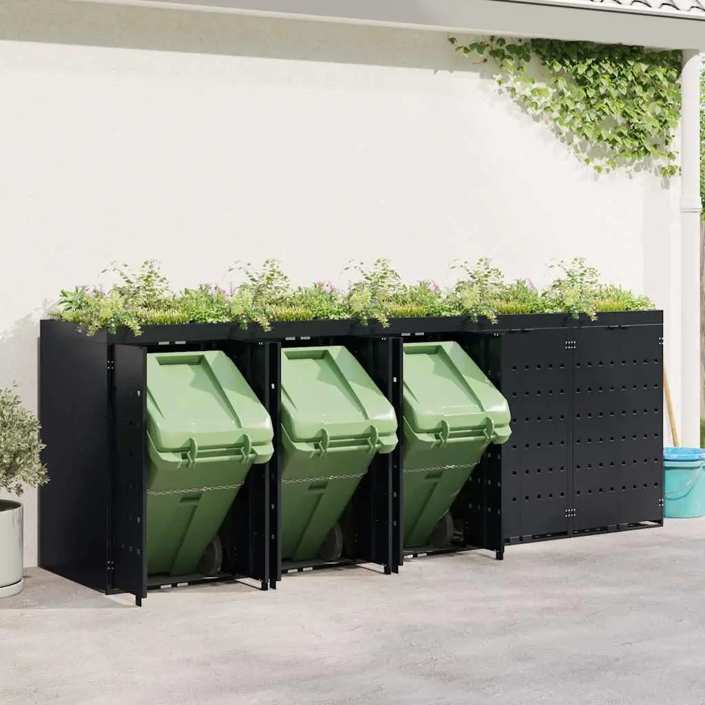 Wheelie Bin Storage Black 340 x 77.5 x 121.5 cm Outdoor Durable Powder-coated Steel with Planter Roof