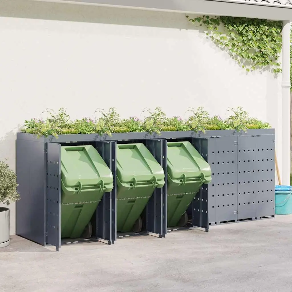 Wheelie Bin Storage Enclosure Light Grey Outdoor 5 Bins Powder-coated Steel Planter Roof