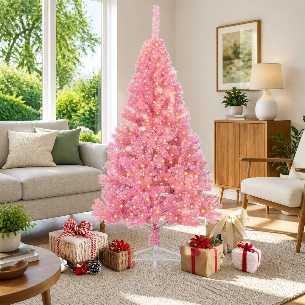 Artificial Christmas Tree Pink 180cm Pre-lit Cone Shape 300 LED Lights