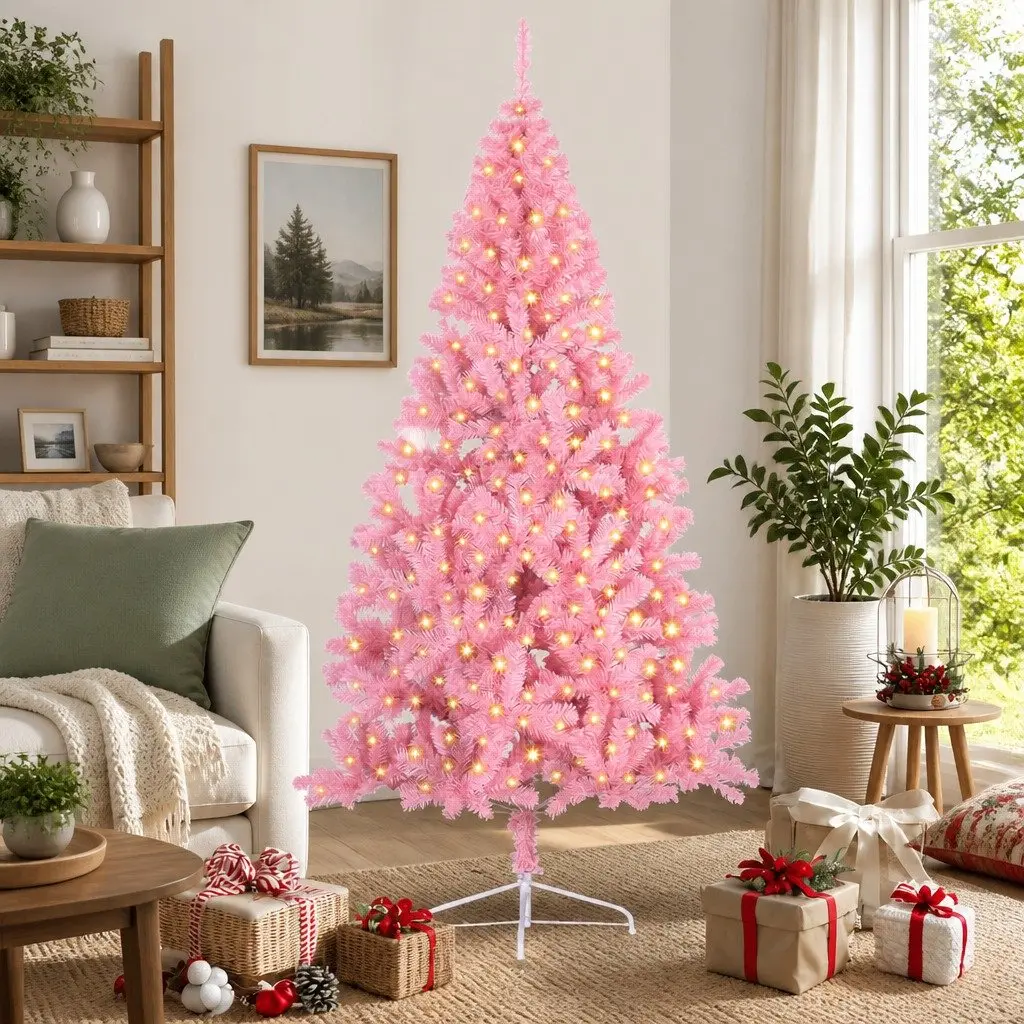 Artificial Pre-lit Christmas Tree Pink 210cm Cone Shape 300 LED Lights