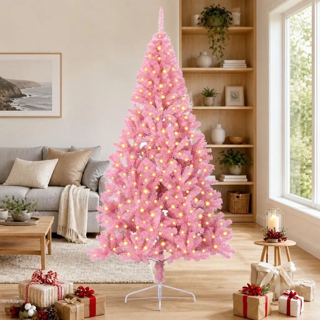 Artificial Christmas Tree Pink 240cm Pre-lit Cone Shape 300 LED Lights