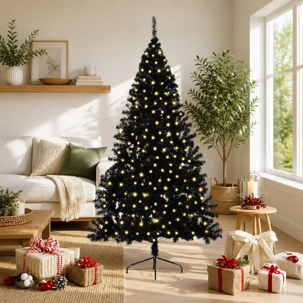 Artificial Christmas Tree Black 210cm Pre-lit Cone Shape LED Warm White Lights