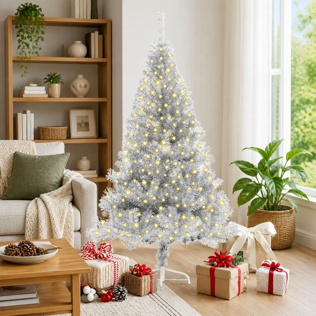 Artificial Christmas Tree Silver 180cm Pre-lit with Warm White LED Lights