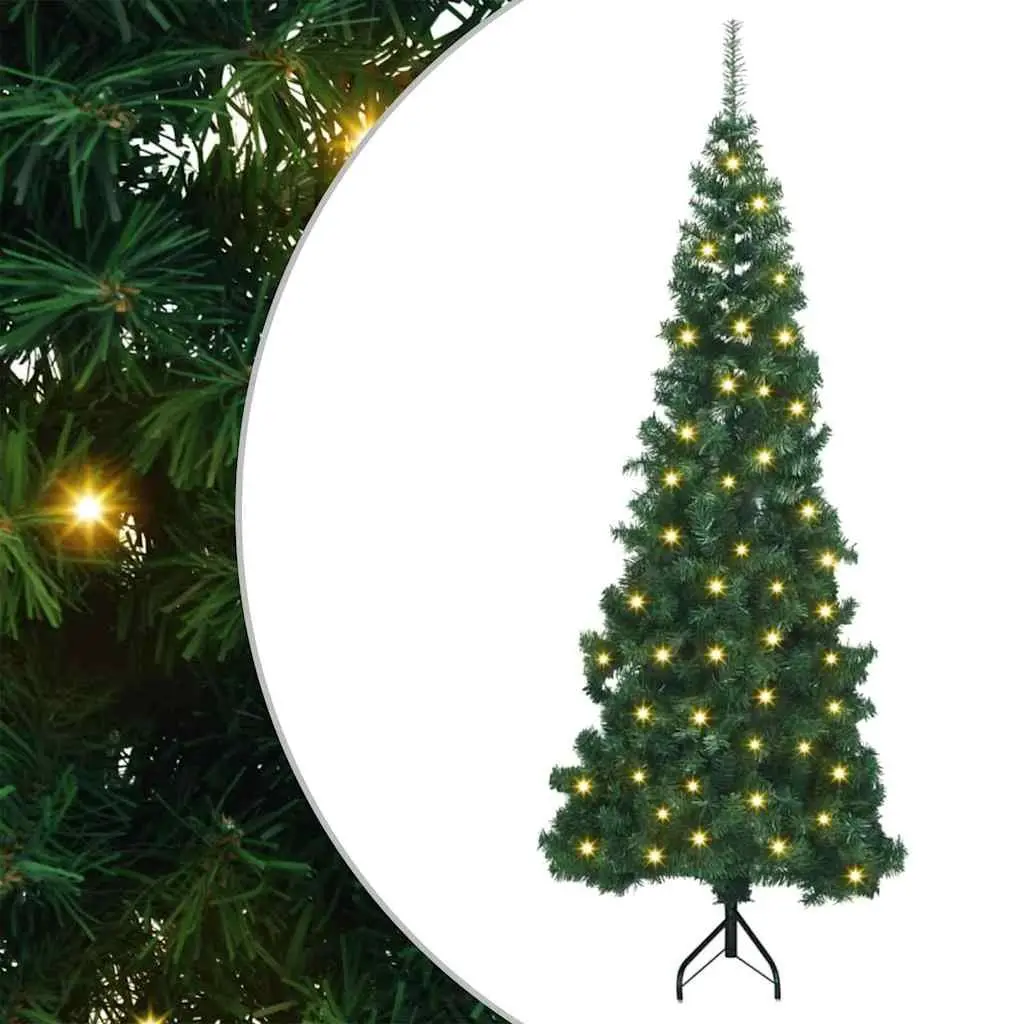 Corner Artificial Christmas Tree Green 180cm Pre-Lit with LED Lights for Compact Spaces
