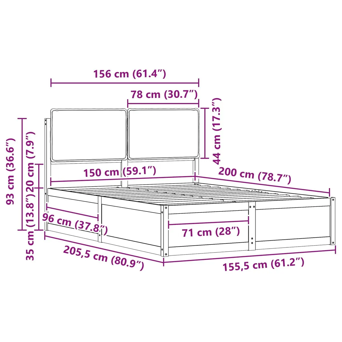 Bed Frame Grey 150x200cm Upholstered Headboard Solid Pine Wood Platform
