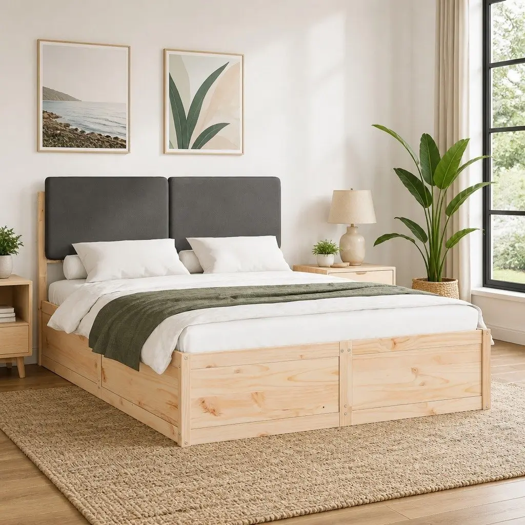 Bed Frame with Upholstered Grey Headboard