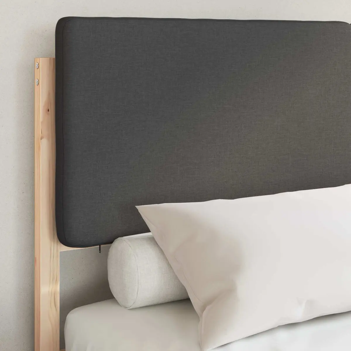 Bed Frame Grey 150 x 200 cm Upholstered Headboard Wooden Platform Slats