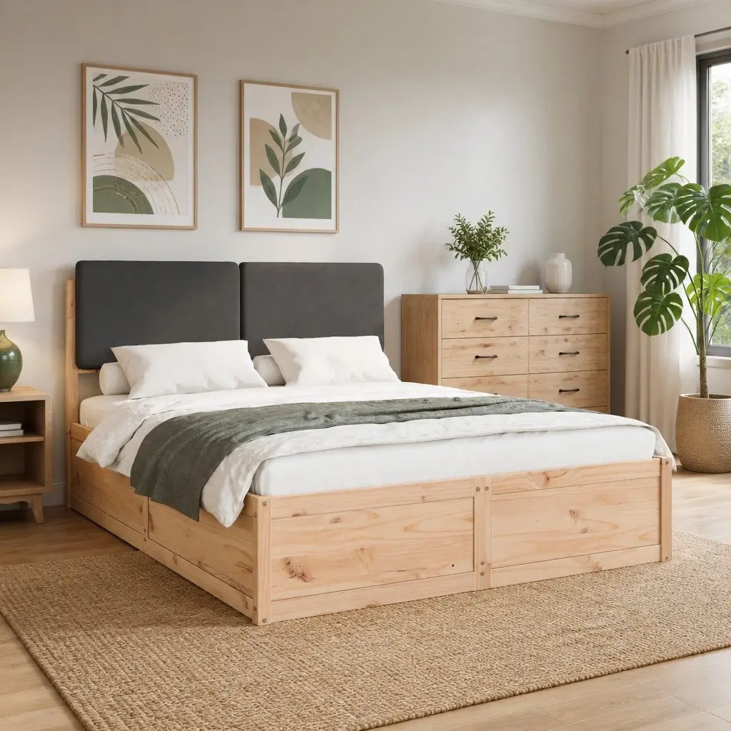 Bed Frame with Upholstered Headboard Grey 135 x 190 cm Modern Bedroom Furniture