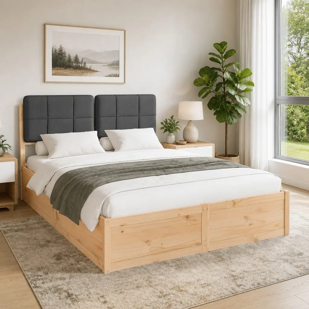 Bed Frame with Upholstered Headboard Grey 135 x 190 cm Modern Wooden Platform