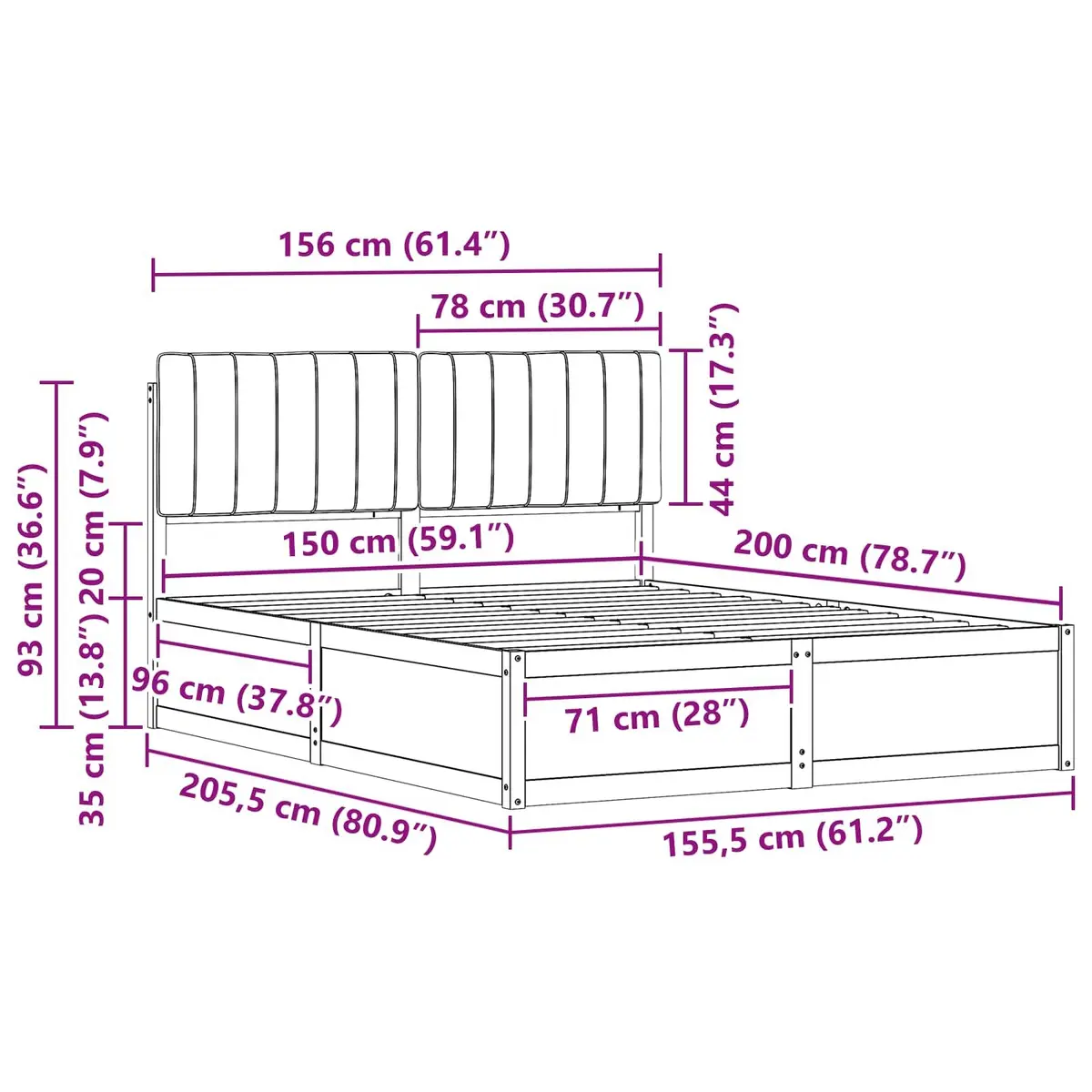 Wooden Bed Frame Grey 150x200cm Upholstered Headboard Platform Slatted Base