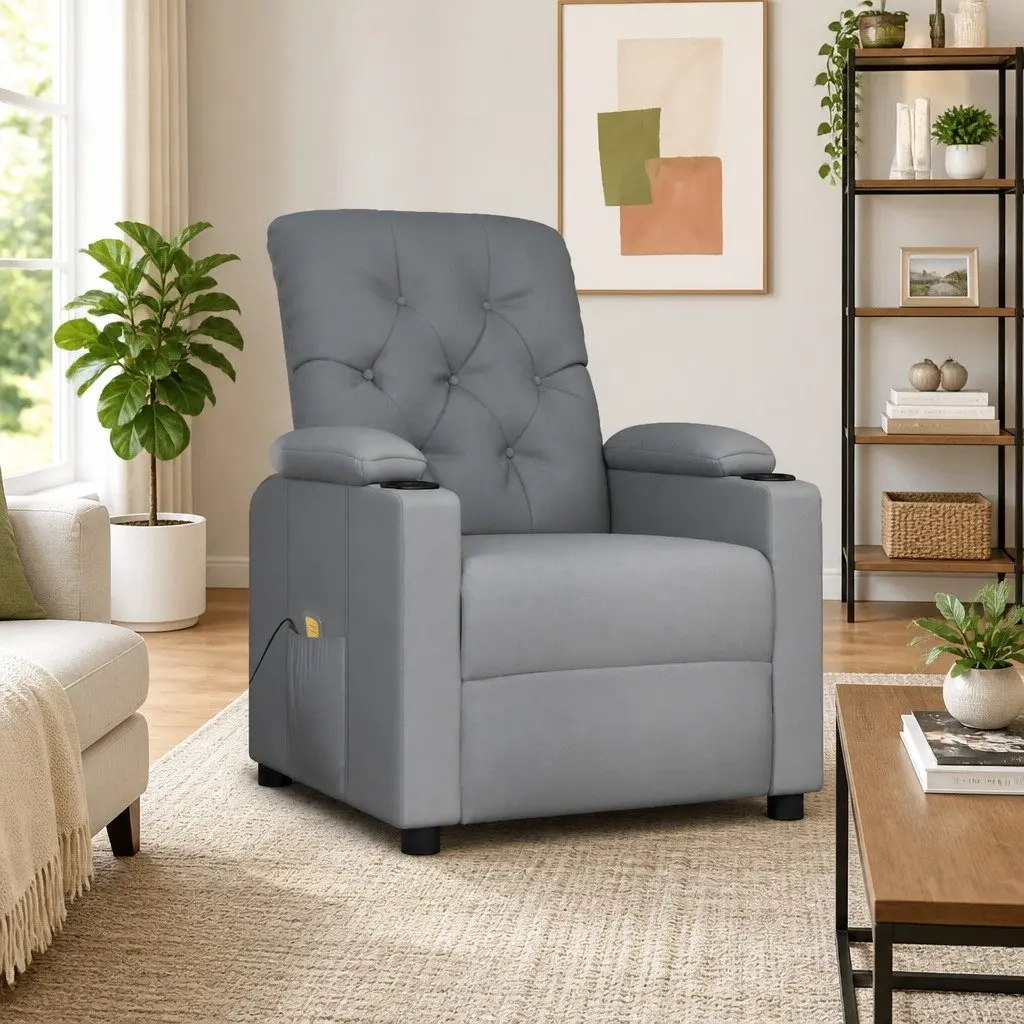 Massage Chair Vibrating Light Grey Fabric Manual Recline 3 Adjustable Positions 6 Massage Points