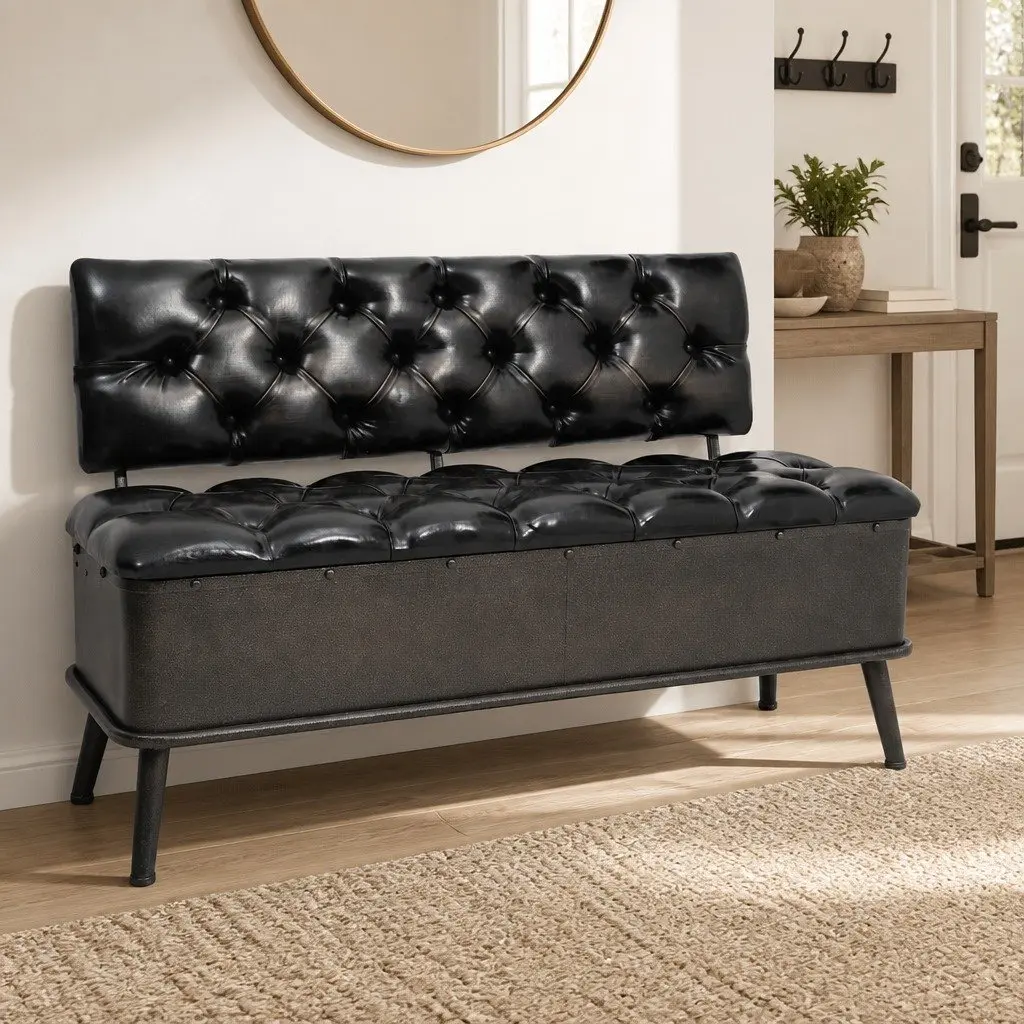 Storage Bench with Backrest in Black Faux Leather