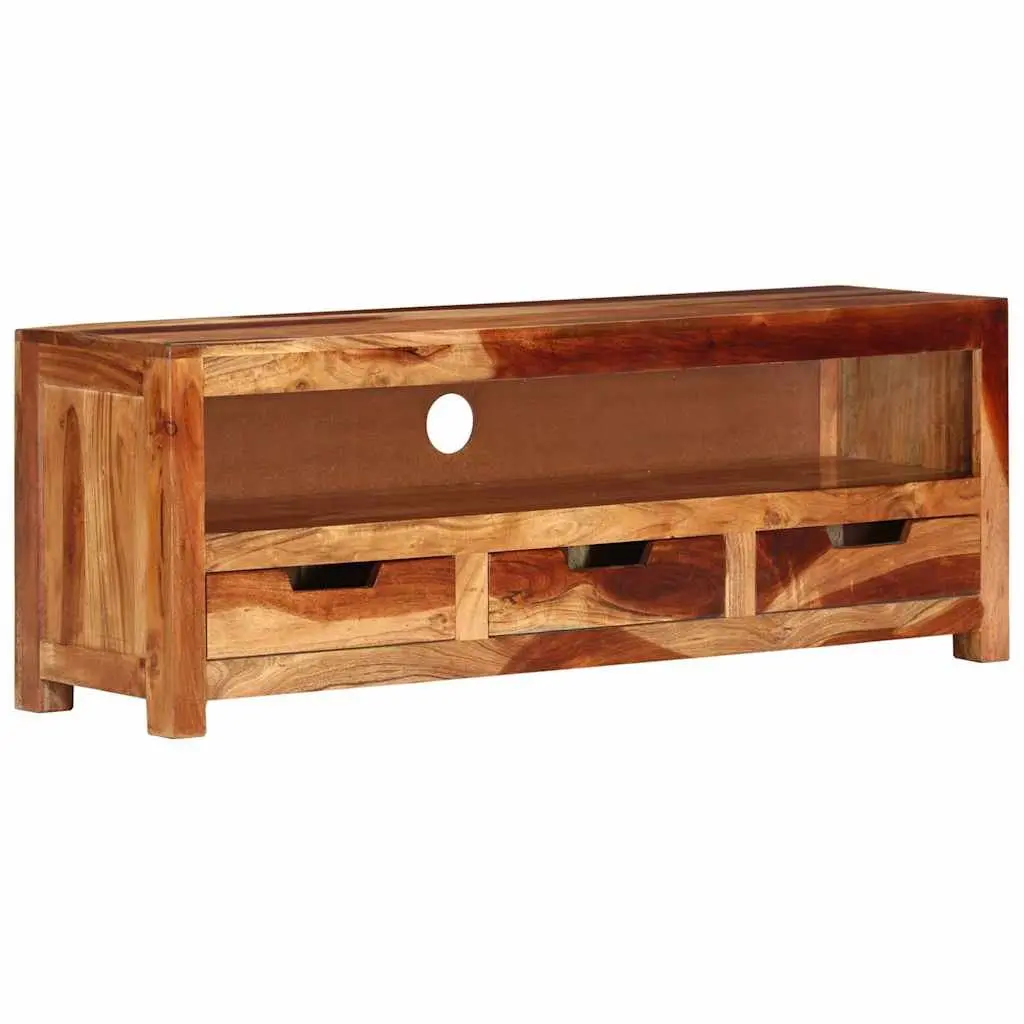 Solid Wood TV Cabinet Brown 110cm Acacia Entertainment Unit with 1 Shelf and 3 Drawers