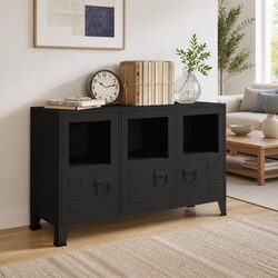 Industrial Sideboard Black Glass Door Metal Storage Cabinet Furniture 105x35x62