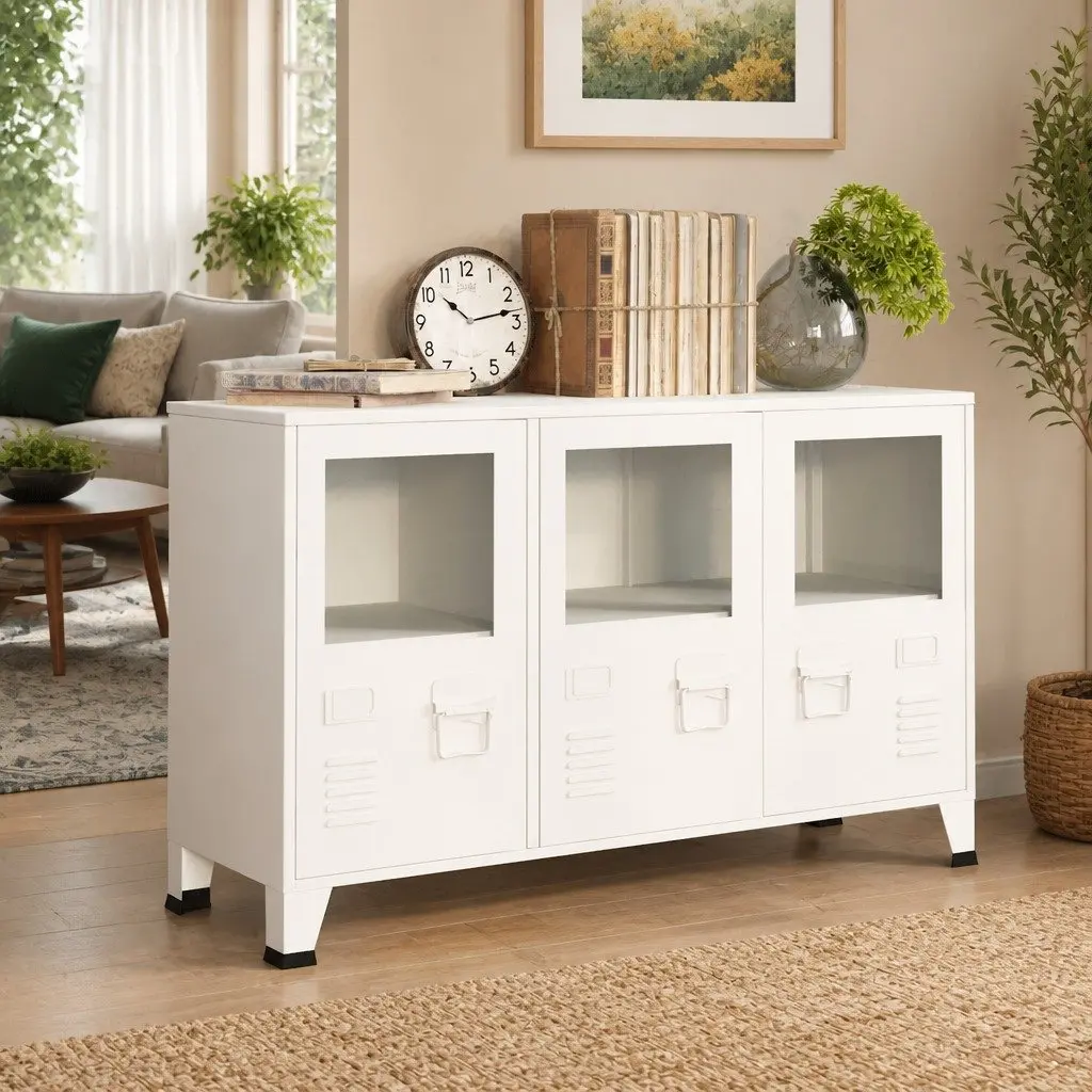 White Industrial Sideboard Storage Cabinet Glass Door Metal Frame 105W x 35D x 62H cm