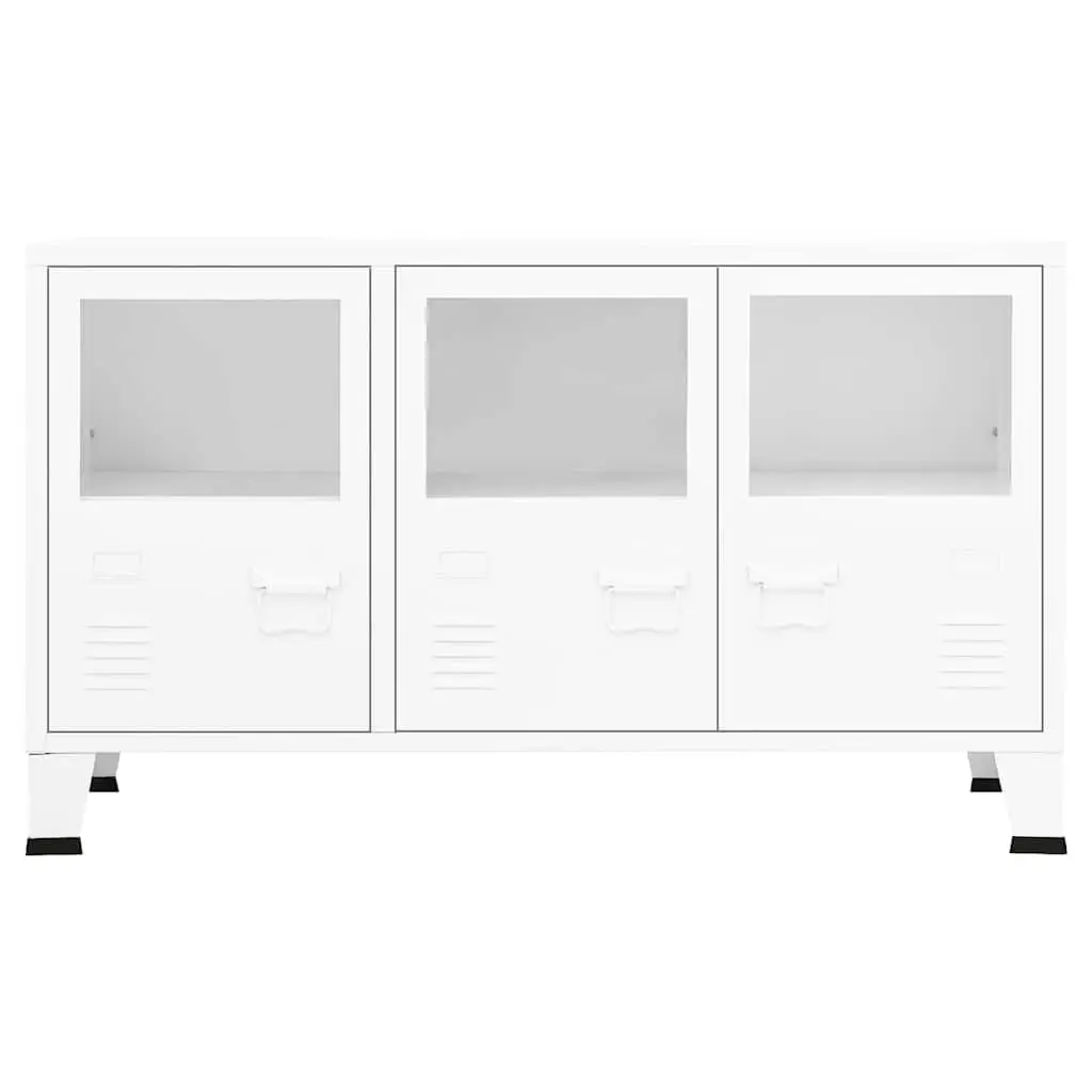 White Industrial Sideboard Storage Cabinet Glass Door Metal Frame 105W x 35D x 62H cm