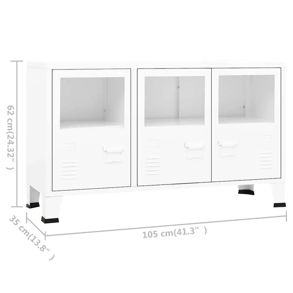 White Industrial Sideboard Storage Cabinet Glass Door Metal Frame 105W x 35D x 62H cm