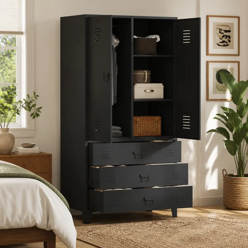 Industrial Metal Wardrobe Black 90x50x180cm 2 Shelves