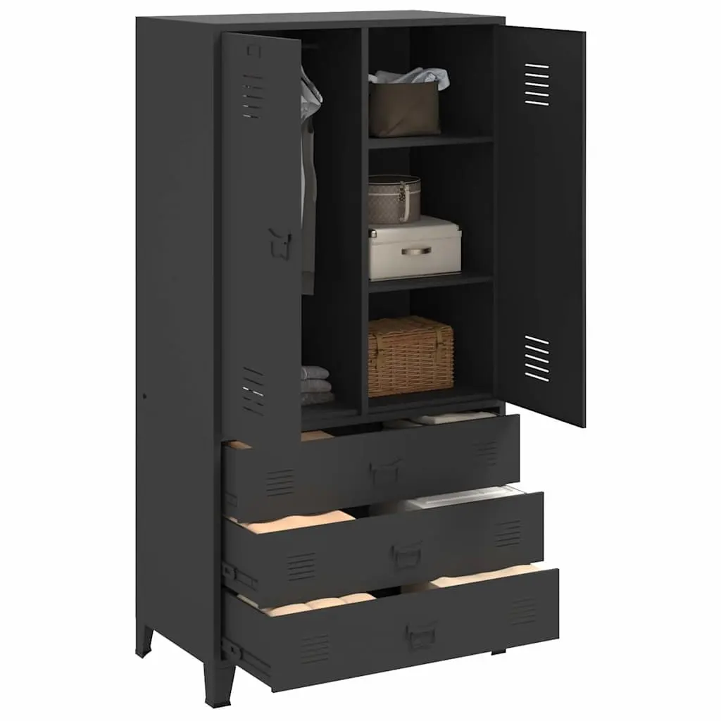 Industrial Metal Wardrobe Black 90x50x180cm 2 Shelves