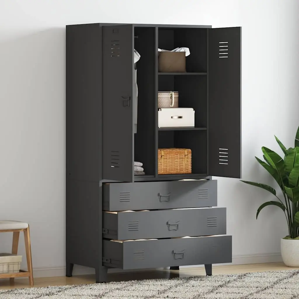 Metal Wardrobe Anthracite 90W x 50D x 180H cm Industrial Style with 2 Shelves and 1 Cloth Hanger