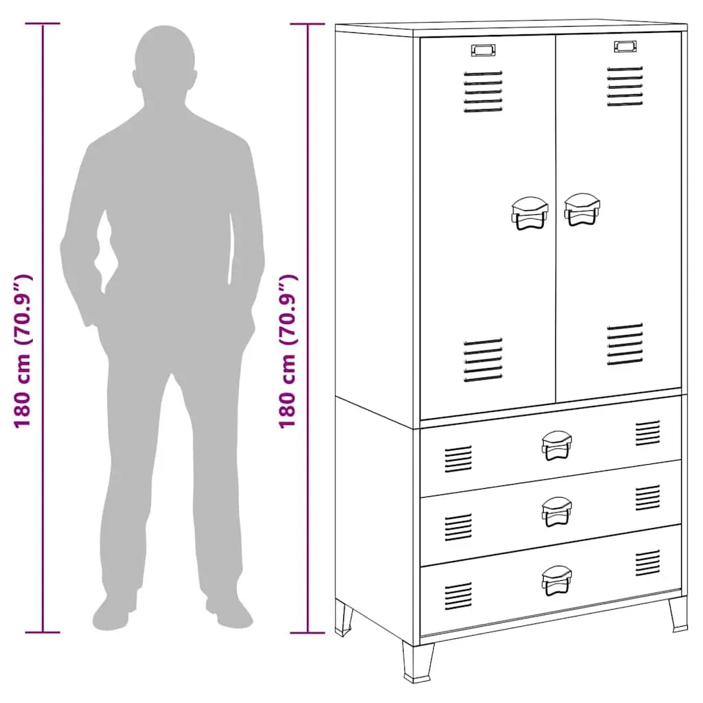 Metal Wardrobe Anthracite 90W x 50D x 180H cm Industrial Style with 2 Shelves and 1 Cloth Hanger