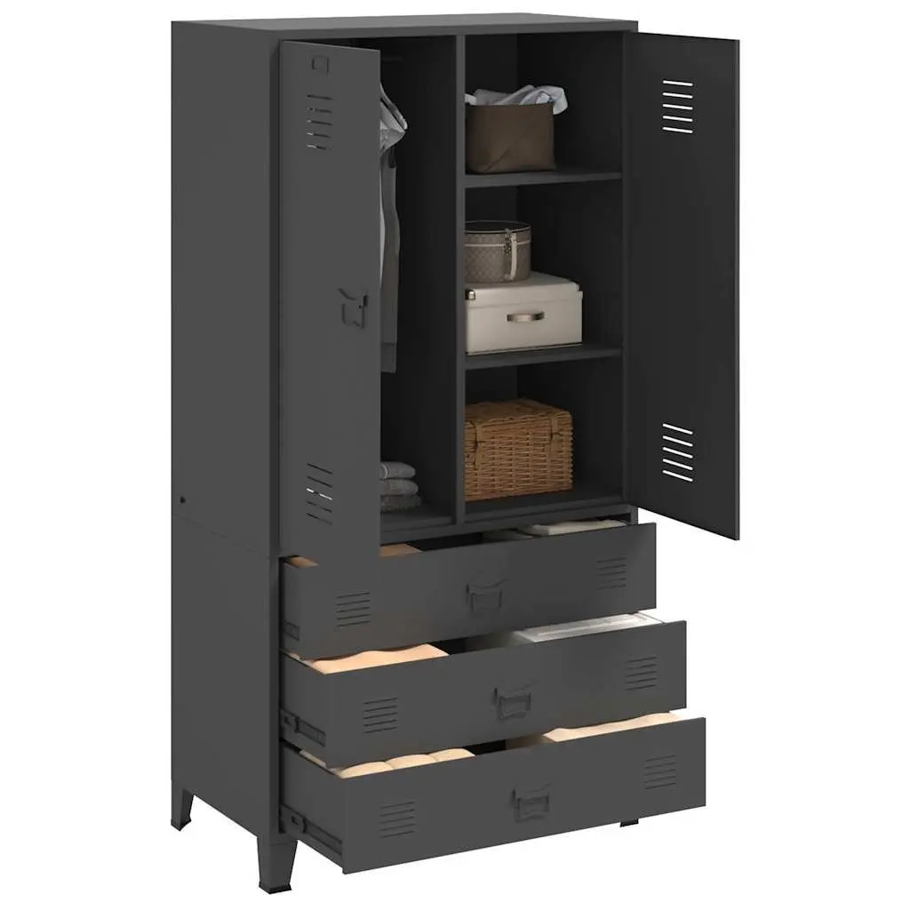 Metal Wardrobe Anthracite 90W x 50D x 180H cm Industrial Style with 2 Shelves and 1 Cloth Hanger