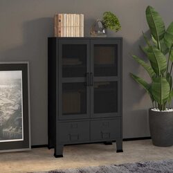 Industrial Storage Chest Black Metal Cabinet 2 Shelves 2 Drawers Sideboard