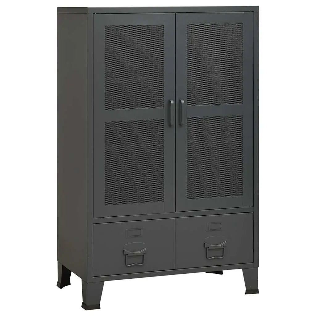 Industrial Storage Chest Anthracite Metal 2 Drawers 2 Shelves Mesh Doors