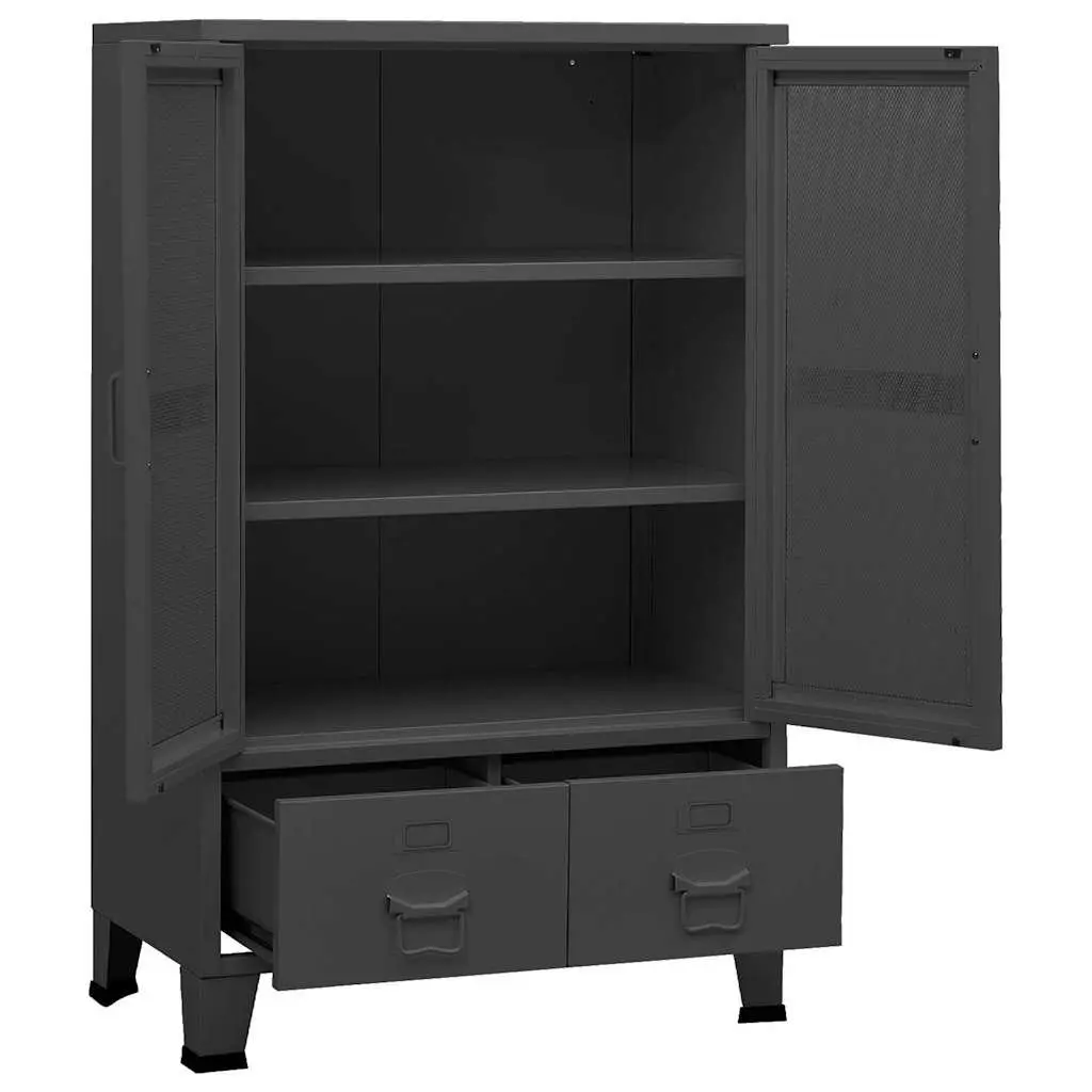 Industrial Storage Chest Anthracite Metal 2 Drawers 2 Shelves Mesh Doors